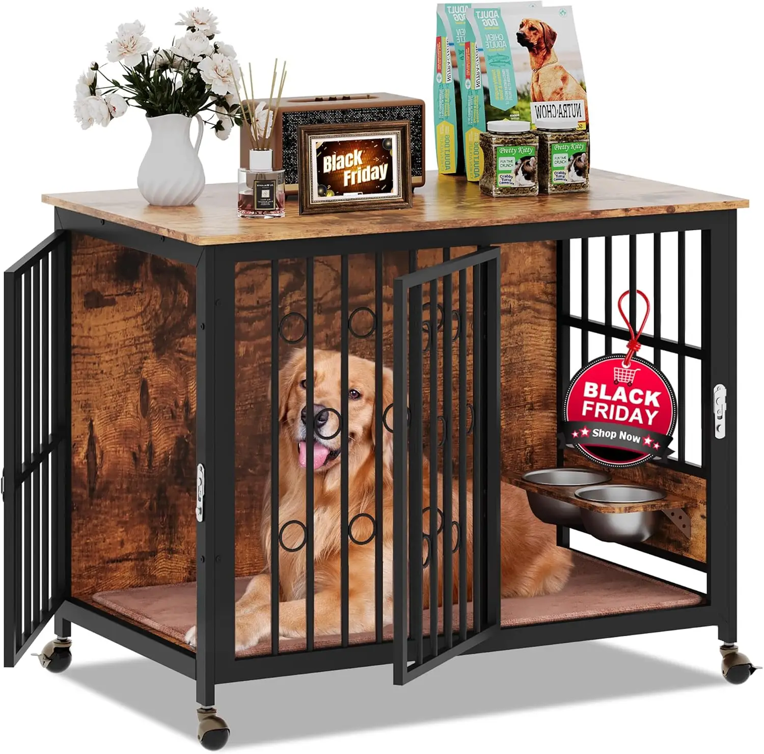 37.4'' Dog Crate Furniture Large Storage TV Stand with Plush Cushion / 2 Bowls / 4 Lockable Wheels, Wooden Dog Kennel Dog