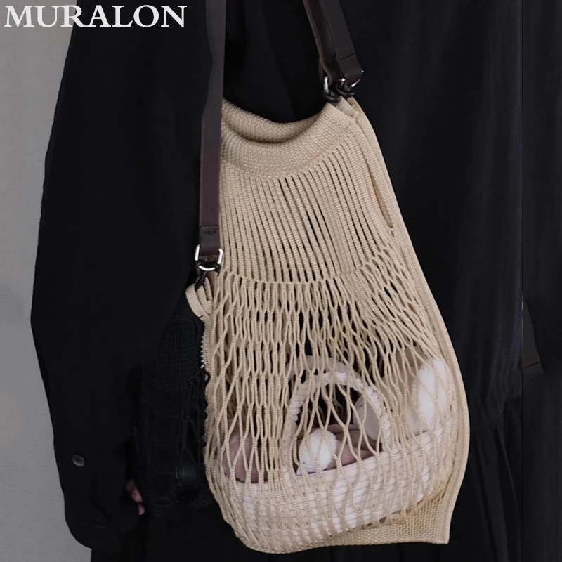 New Fashion Size Medium Mesh Pocket Cowhide Crossbody Bag 2024 New Hollow Design Stitching Summer Women Beach Holiday Casual Bag