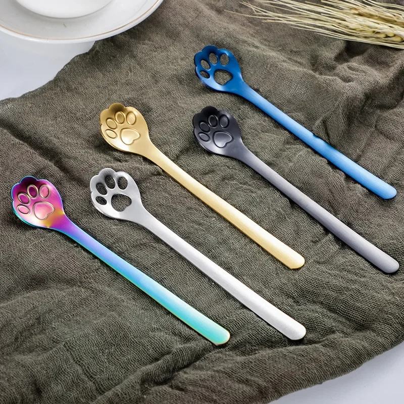 304 Stainless Steel Tea Coffee Dessert Spoons Ice Cream Scoop Coffee  Stirring Spoon  Kitchen Tools Cute Cat Paw Spoon