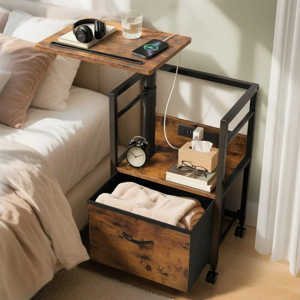

360 ° Прикроватная тумбочка с поворотным подъемным верхом и зарядной станцией, двухуровневая регулируемая прикроватная тумбочка с колесиками и тканевым ящиком