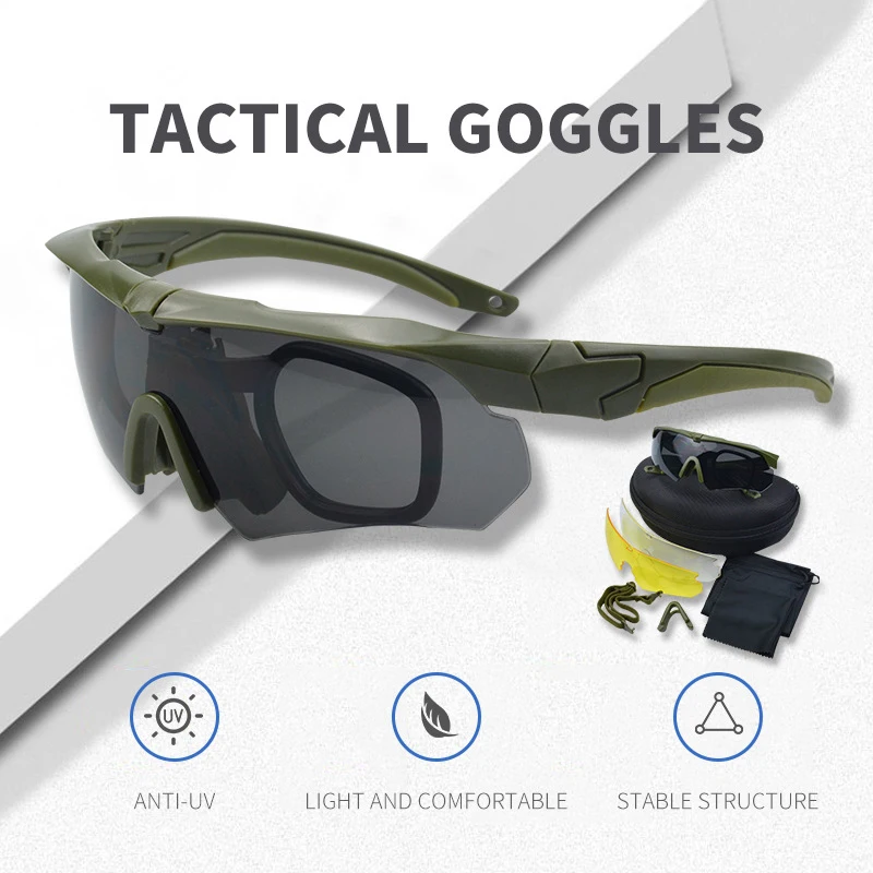 Military Tactical Goggles CS Airsoft Windproof Shooting Glasses HD 3 Lens Motocross Motorcycle Mountaineering Safe Glasses