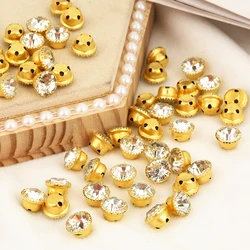 RESEN 6/8/10mm Sew On Round Rhinestone Gold/Sliver Flower Claw Glass Clear Crystal Rhinestone with Holes DIY Garment Accessories
