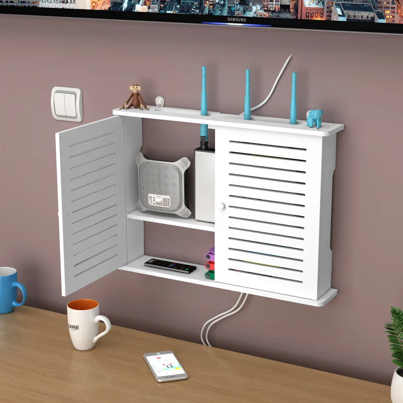

Storage Box Wireless Wifi Router Wall Hanging Plug Board Bracket Cable Organizer Livingroom Wood PVC Panel Shelf DIY Home Decor