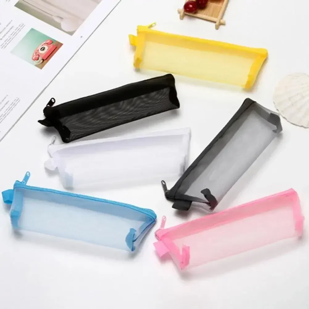 i-TB10 Durable Pen Bag Transparent Zipper Closure Pencil Holder Visible Mesh Design Minimalist Stationery Pencil Pouch