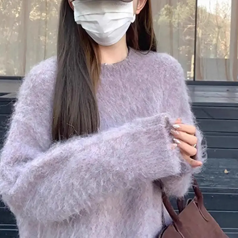 Gentle Style Purple Soft Glutinous Sweater Fluffy Imitation Mink Velvet Round Neck Pullover Knit Sweater Underwear Top