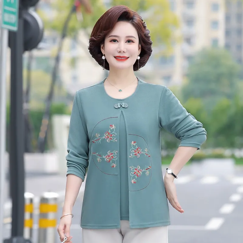 Elegant Fake Two Pieces Tunic Blouse Top Middle Aged Women Spring Autumn Blouses New Fashion embroidery Long Sleeve Loose Shirts