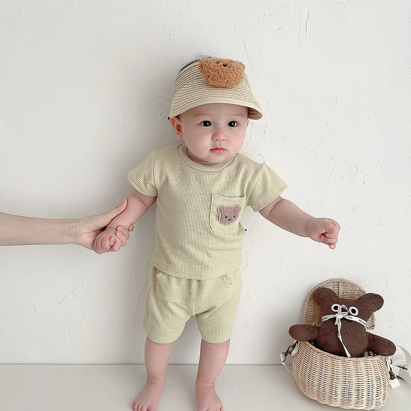 Summer Newborn Infant Baby Boys And Girls Cotton Baby Set O-neck T-shirt Suspender Kids Fashion Cartoon Bear Baby Clothing