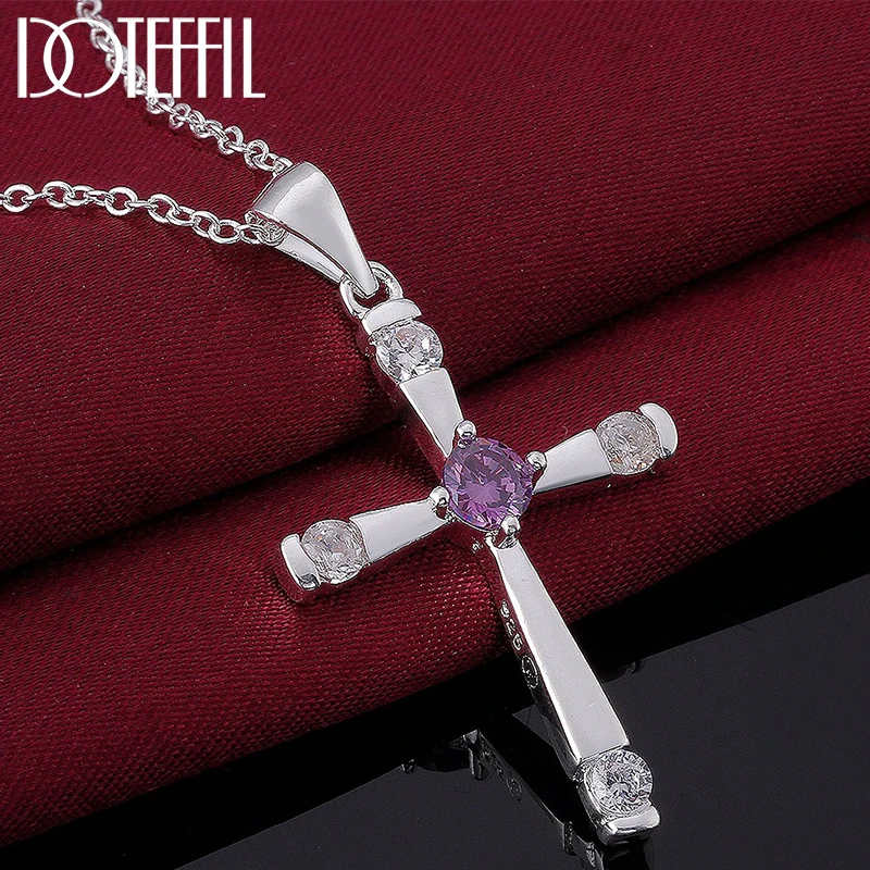 

DOTEFFIL 925 Sterling Silver Round AAA Zircon Cross Pendant Necklace For Woman Fashion Wedding Charm Jewelry