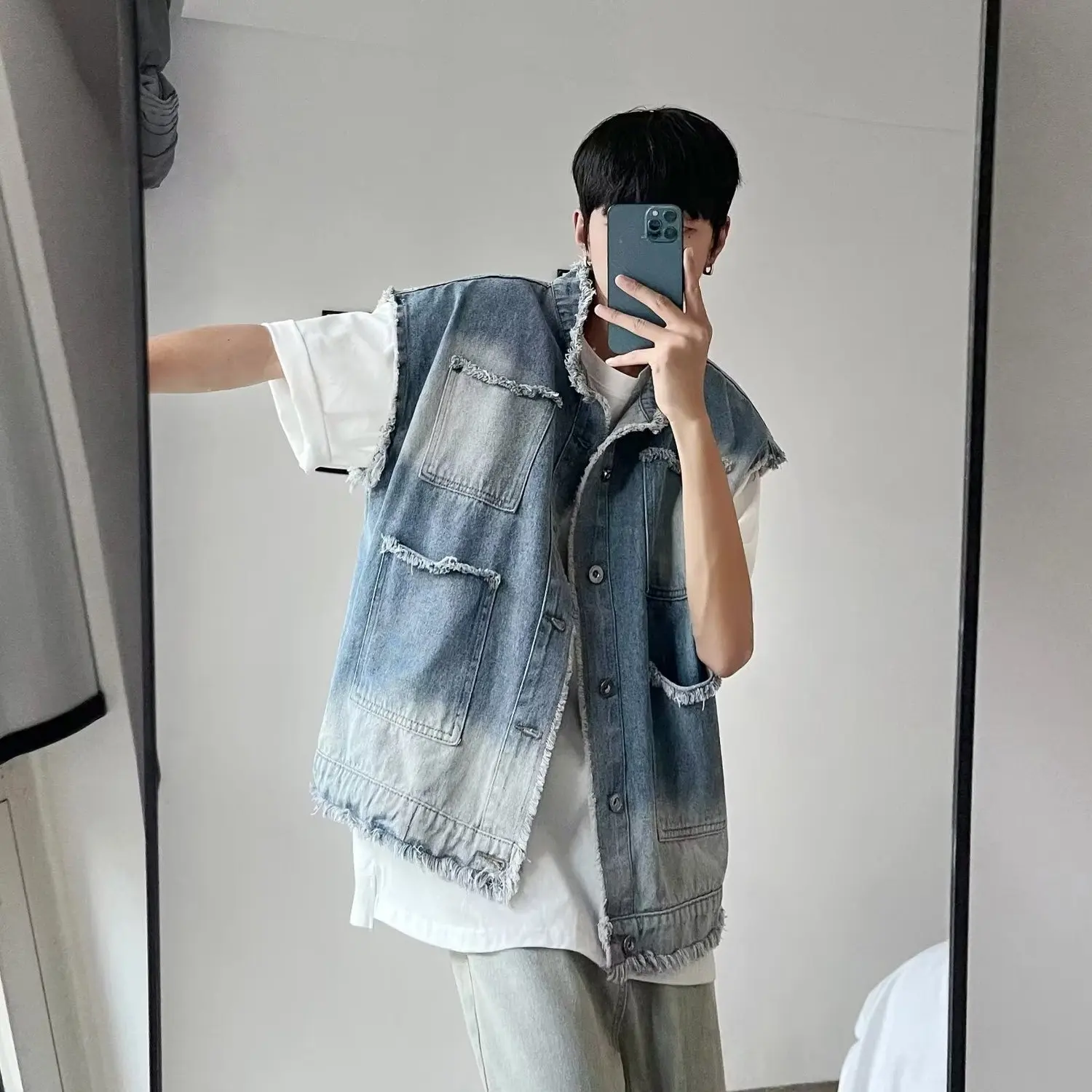 Summer New Arrivals Men's Denim Vest Jacket Retro Style Trendy Handsome Sleeveless Jacket Loose Shawl Collar Jean Outerwear