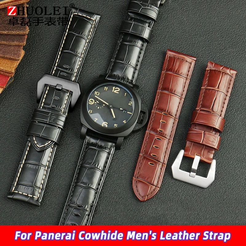 

22MM 24mm 26mm Alligator textured cowhide Leather Watchband For Panerai Men's brown blue Watch Strap Bracelet Steel Pin Buckle