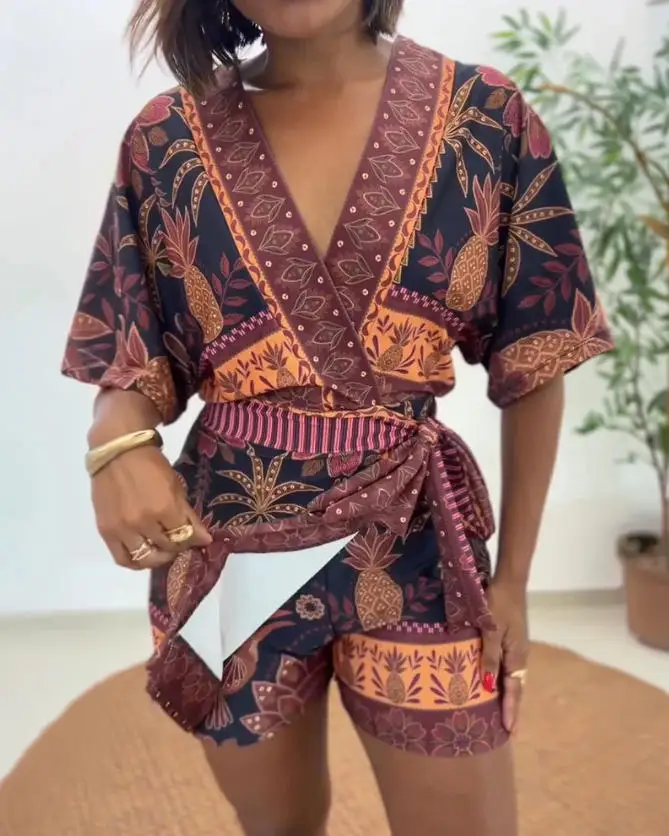 

Women's Jumpsuit Summer New Casual Vacation Bohemian Style Printed V-Neck Lace Up Waist Cinched Short Sleeved Jumpsuit