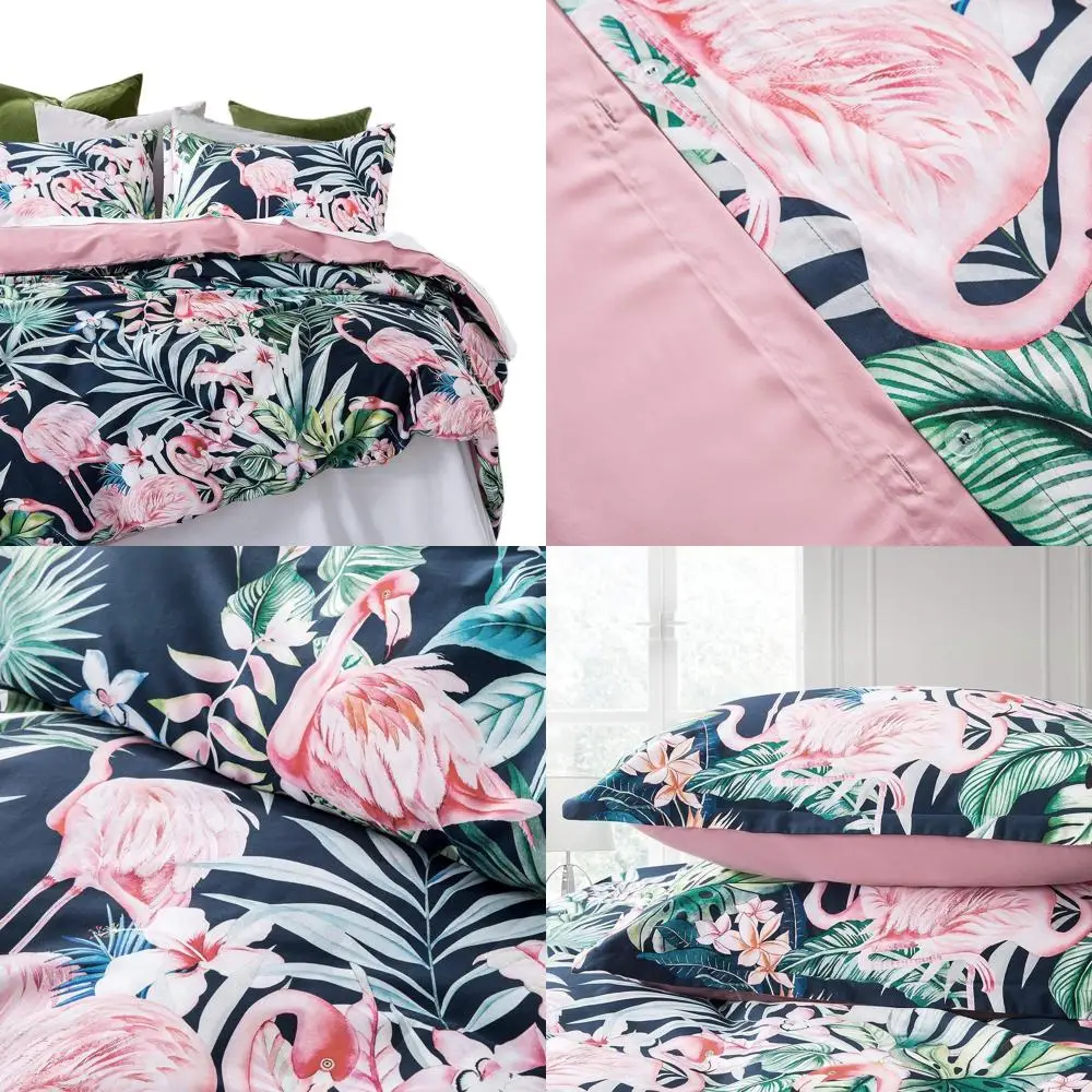 

Tropical Island Floral Duvet Cover & Pillowcases Set with Exotic Palms, Birds, and Jungle Plants in Navy for Twin Beds