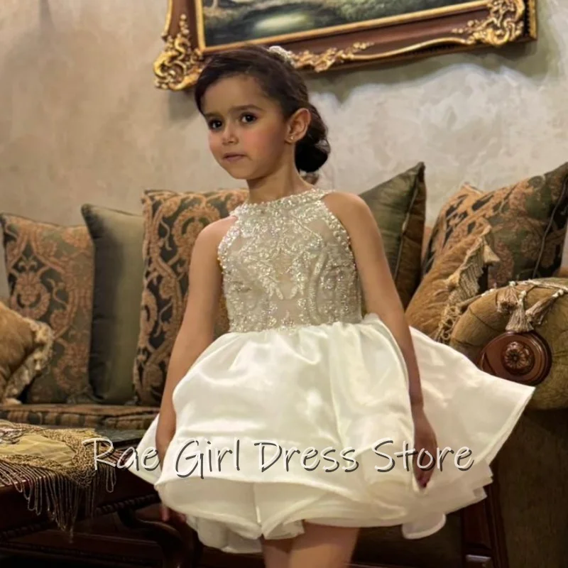 Halter Neck Flower Girl Dress Smooth Satin Multi Ruffle Mini For Wedding Photo Shoot Birthday Pageant Customized