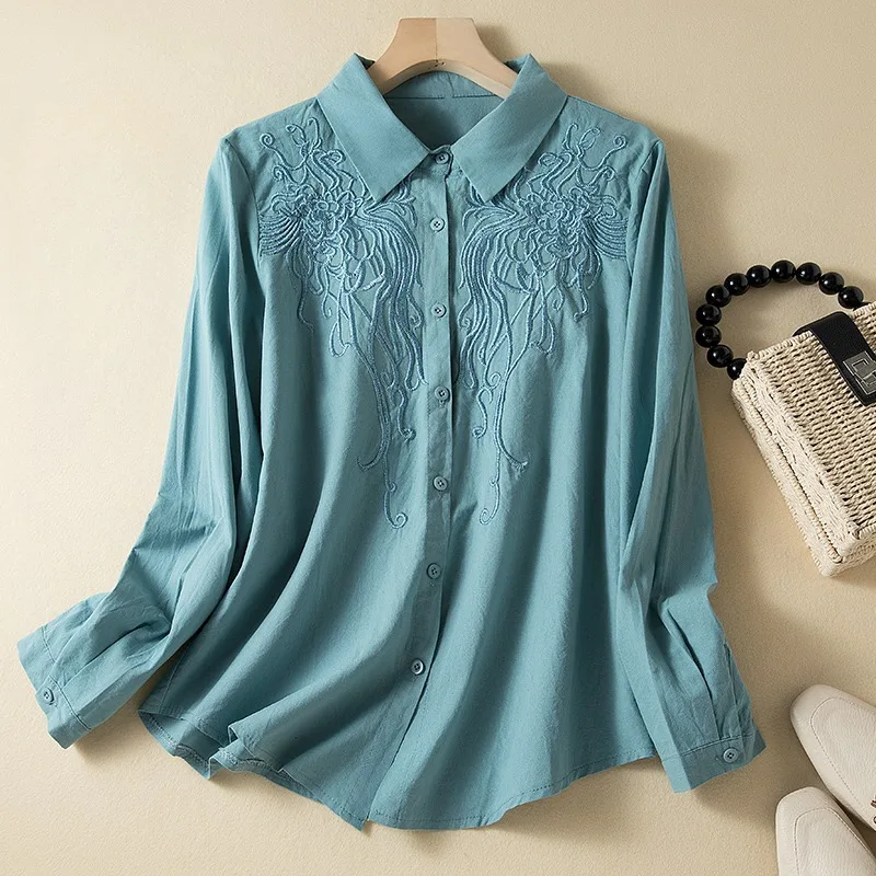 Chinese Style Women\'s Shirt Summer Cotton Linen Vintage Blouses Embroidery Clothing Loose Long Sleeve Women Tops