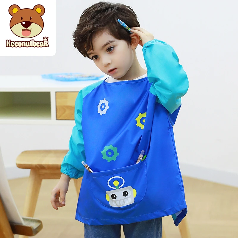 Children Waterproof Long Sleeve Art Smock Apron 2022 New Cartoon Monkey Kids Clothing Girls Boys Painting Aprons Baby Food Bibs