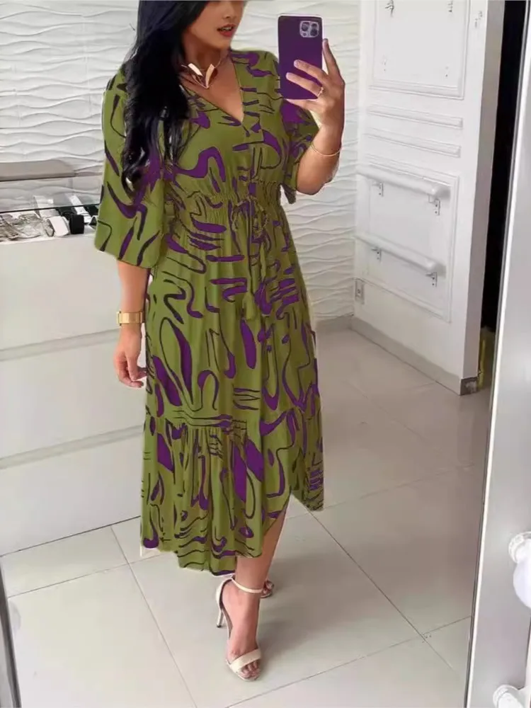 Casual Women's Half Sleeved Mid Dress Summer Fashion V-neck High Waist Lace-up Design Dresses Ladies Bohemia Elegant Vestidos