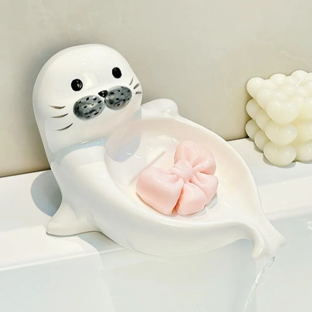 

Cute Sea Lion Soap Dish Drainable Soap Box Self Draining Soap Holder Ceramic Soap Container Bathroom Decor Organizer Household