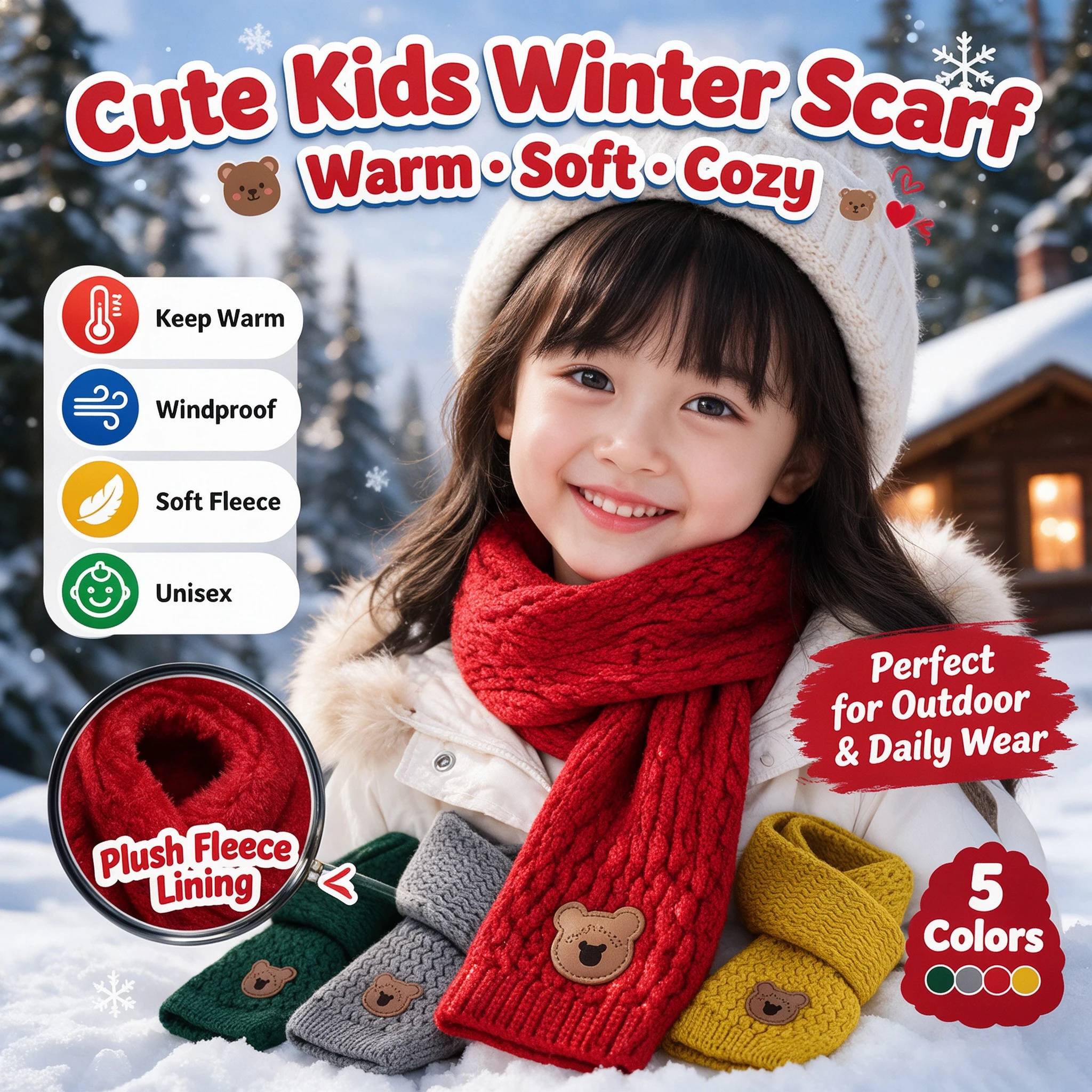 Baby Kids Autumn Winter Cute Korean Windproof Scarf Plush Neck Warmer Cozy Fleece Lined Unisex Boy Girl