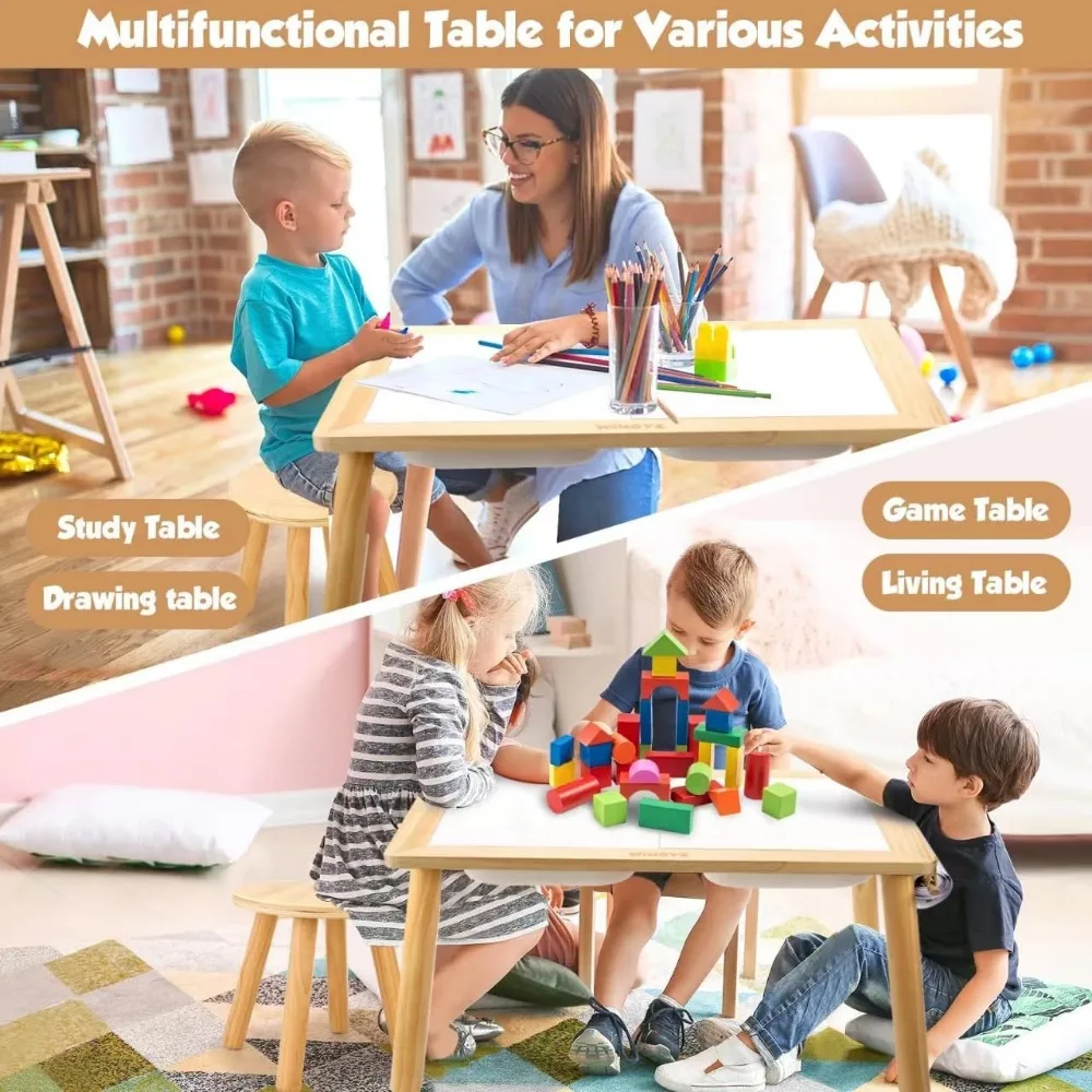 Juego de mesa y silla sensorial, mesa para niños 3 en 1 para jugar, estudio, arte, comedor, almacenamiento de juguetes, para niños pequeños, mesa de actividades con contenedores de almacenamiento