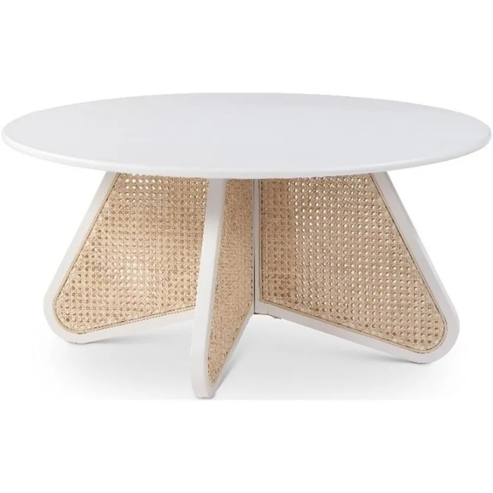 Butterfly Collection Mid-Century Modern Coffee Table with Solid Wood White Finish, Oak Veneer Top