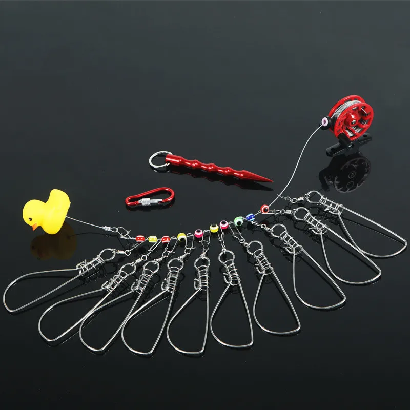 5/10 Snaps Fishing Lock 14CM Buckle With Fly Reel Yellow Duck Stainless Steel Chain Stringer With Float Live Fish Lure Lock Belt