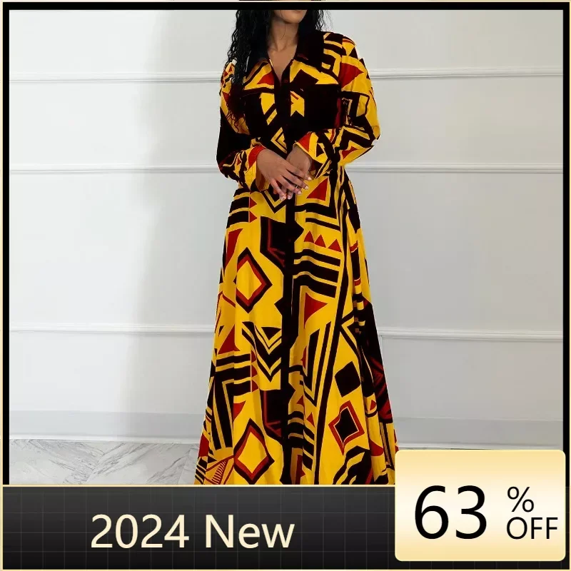 Vestido maxi africano para mulheres, cintura alta, manga cheia, vestes estampadas, streetwear elegante, nova moda, primavera