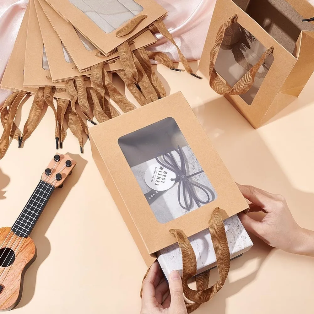 12 sacchetti regalo in carta kraft con finestra trasparente, borsa da 7,9x5,9x4,1 pollici con manici per lo shopping, compleanno, addio al nubilato, festival