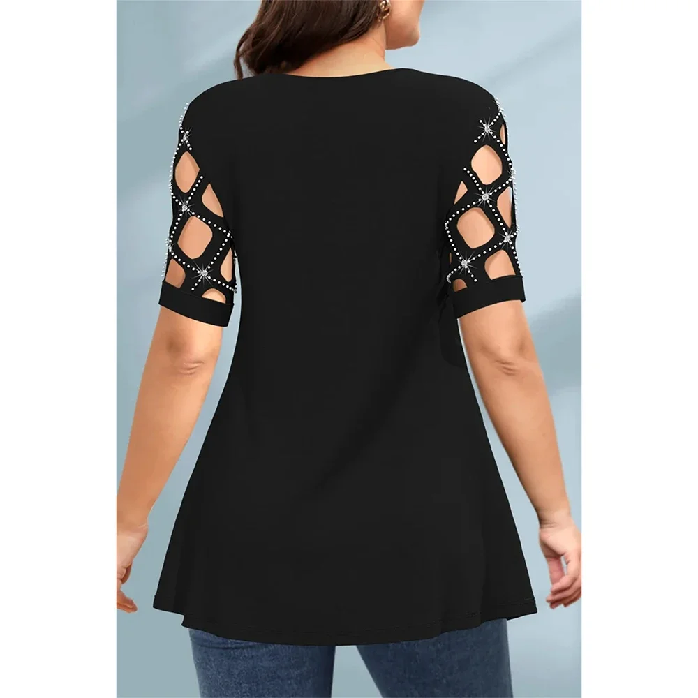 Plus Size Casual Black Zipper Cut Out V Neck Blouse Hollowed Half Sleeve Tops