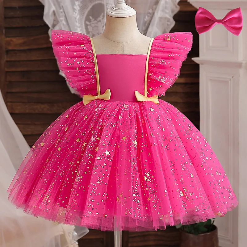 Flying Sleeve Baby Kids Star Mesh Dresses for Girls Wedding Party Clothing Princess Children's Elegant Performance Dress