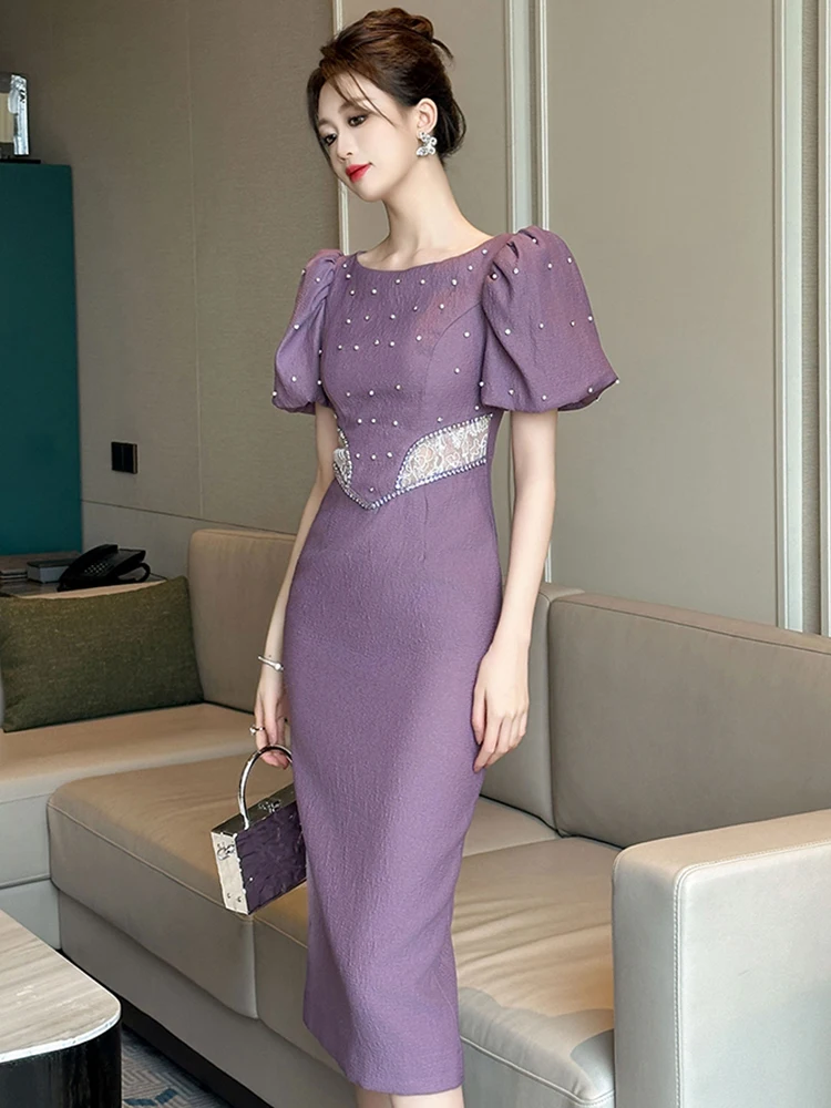 Summer Women Clothes Formal Elegant Luxury Evening Long Dress Vintage Chic O-Neck Slim Midi Pencil Party Birthday Mujer Vestidos