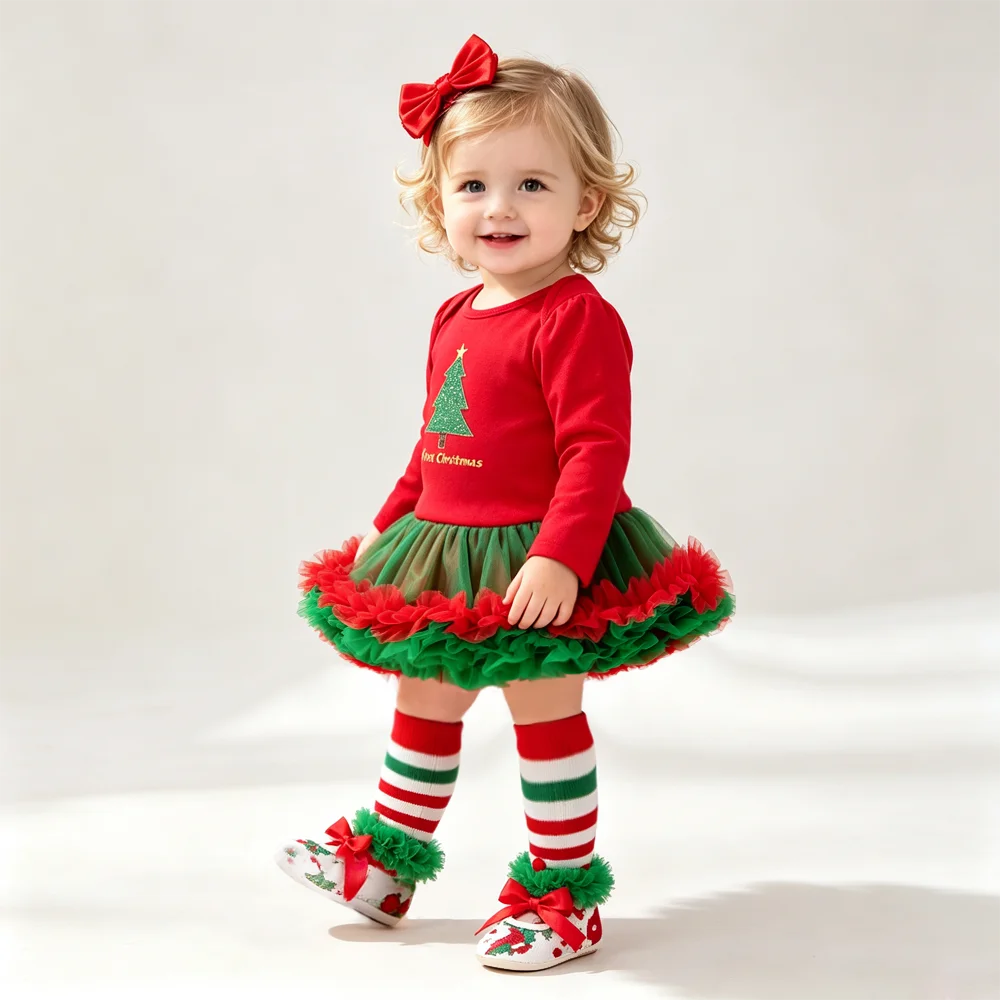 Baby Girl First Christmas Outfit Set Long Sleeve Romper with Tutu Skirt Headband Socks Shoes for Xmas Party Holiday Infant Cloth