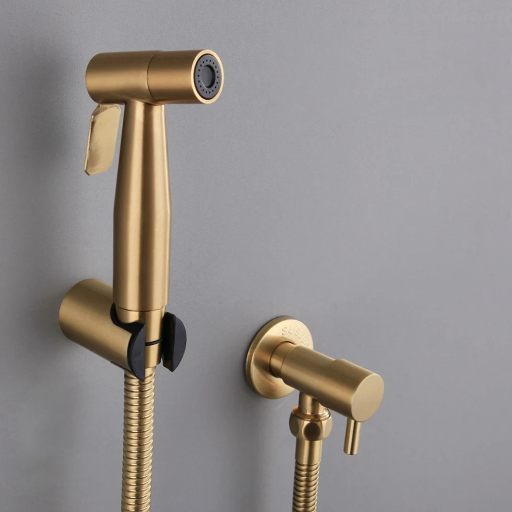 Banheiro Toalete Bidé Tap Kit, escovado Ouro, parede Montado Bidé Pulverizador, chuveiro com válvula de corte