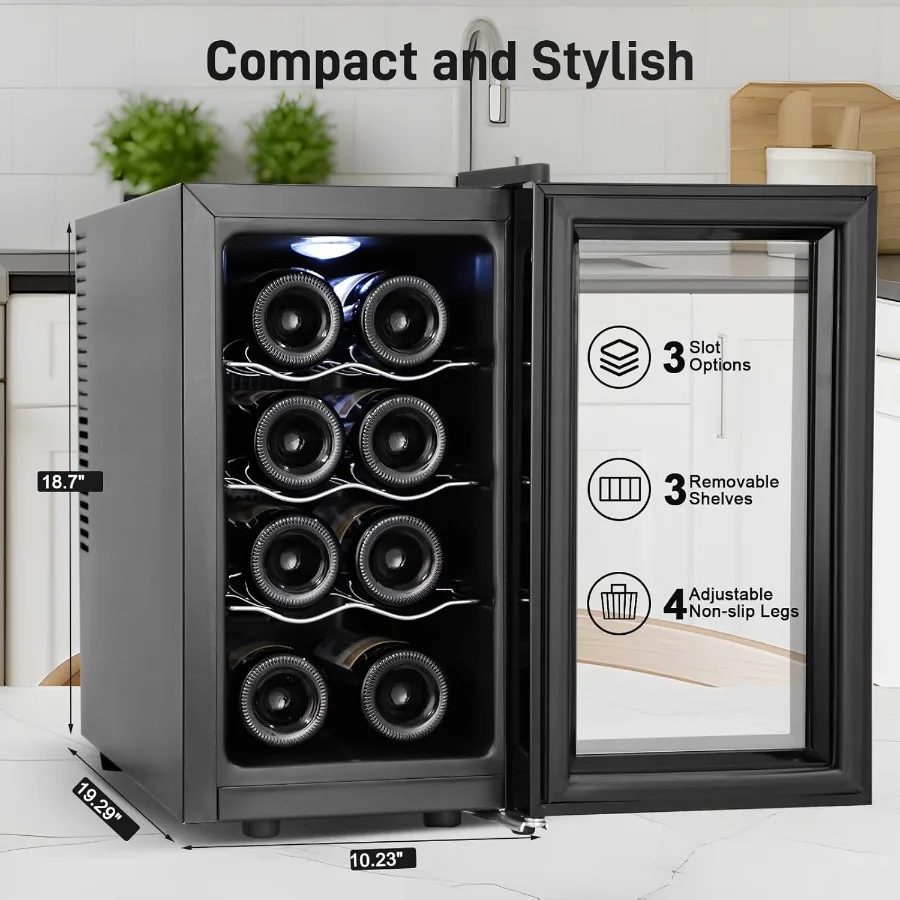 8 Bottle Wine Fridge with Low-E Tempered Glass Door for Optimal Temperature Control and UV Protection LED Touchscreen Display w