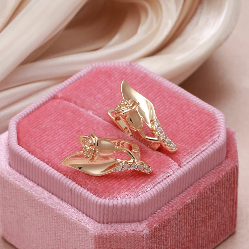 SYOUJYO 585 Rose Golden Luxury Flower Earrings For Women Elegant Natural Zirconia Weeding Jewelry Gift Fashion Romantic Earrings