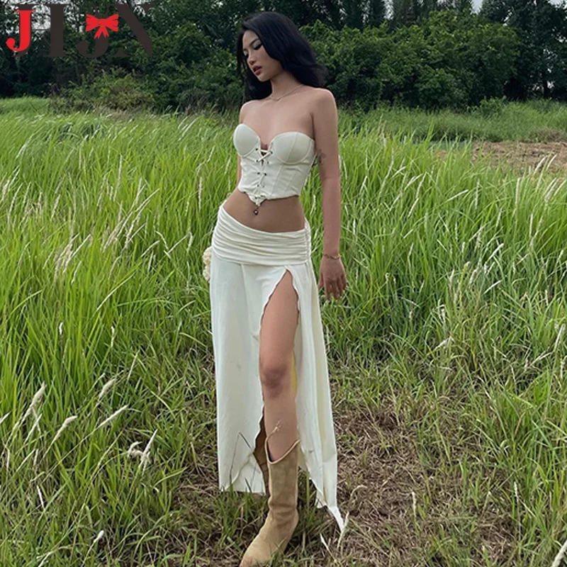 

JHJN уличное женское платье из двух предметов, укороченные топы с открытой спиной и без бретелек, топы на бретелях с высокой талией, платье с разрезом и складками, нерегулярное платье