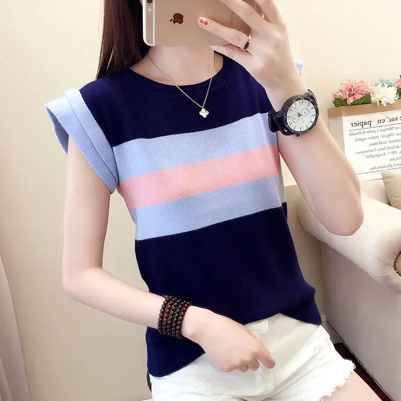 Fashion Printed Spliced O-Neck Striped Blouse Women\'s Clothing 2023 Summer New Casual Pullovers All-match Short Sleeve Shirt