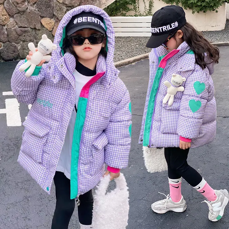 -30℃ Teen Girls Jacket 2024 Winter Lattice Print Lining Plush Thick Keep Warm Hooded Parkas For 4-12Y Kids Down Cotton Overcoat