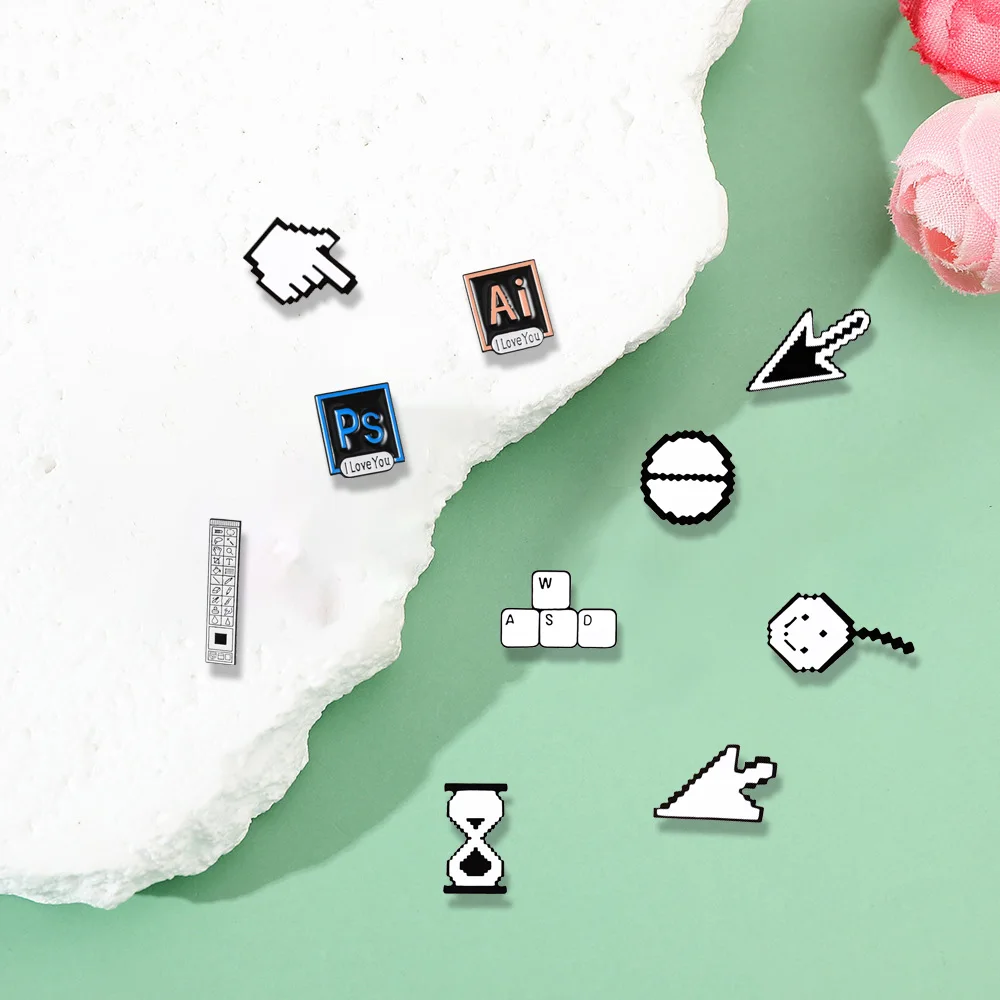 Classical Pixel Cursors Brooch Photoshop Toolbar Pins AI Quotes Enamel Hourglass Computer Window Icon Mouse Pointer Arrow Badges