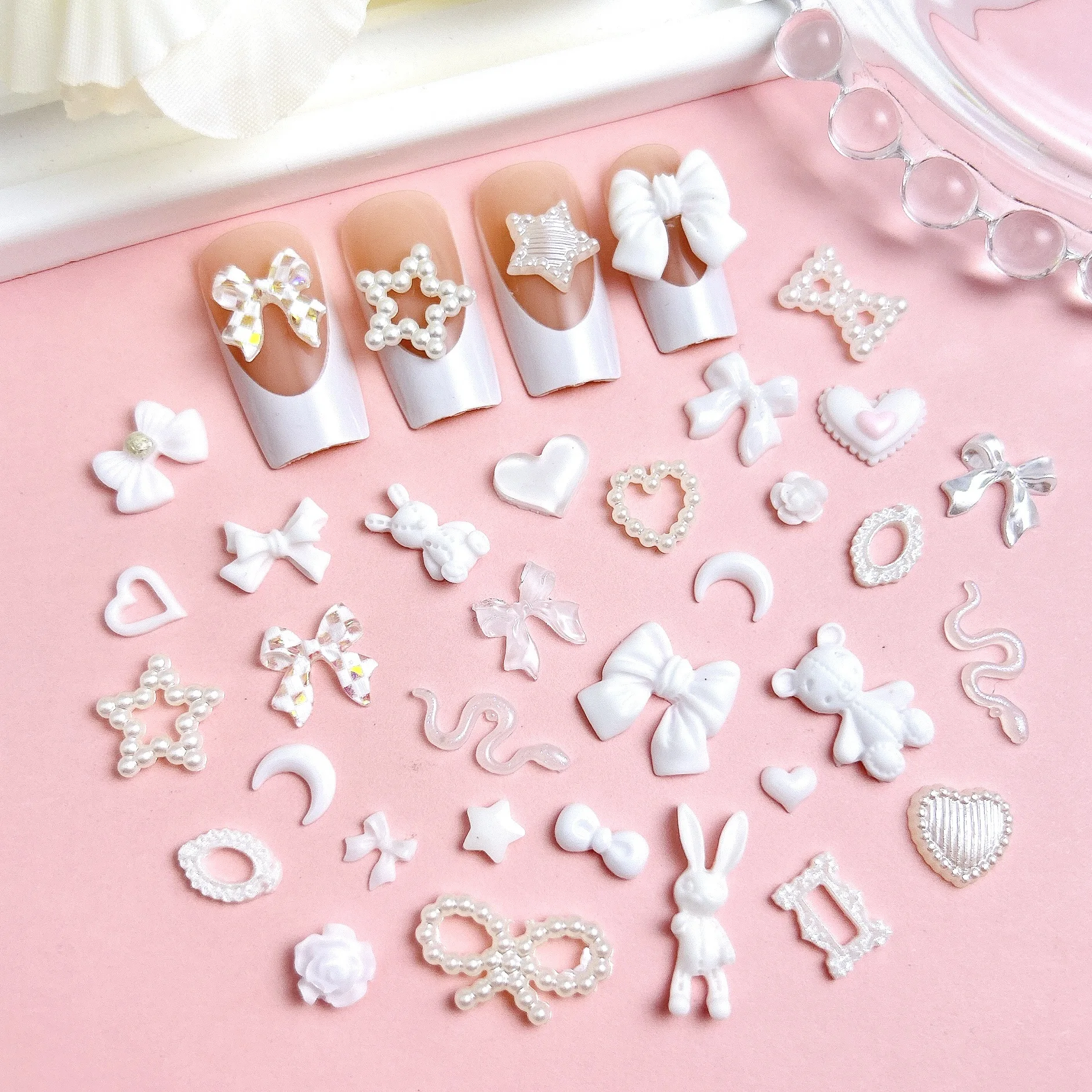 50PCS Mixed Design White 3D Nail Art Charms Bow Love Heart Stars Pearl Accessories Parts For Nails Decoration Manicure Supplies