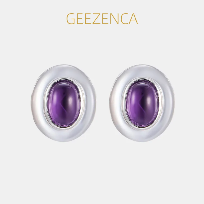 

GEEZENCA S925 Silver Amethyst Stone White Mother of Pearl Oval Stud Earrings Women Trendy Dainty Lightweight Stackable Earring