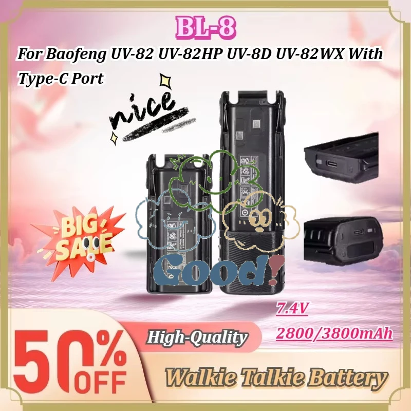 For Baofeng UV-82 UV-82HP UV-8D UV-82WX Walkie Talkie BL-8 7.4V 2800/3800mAh Rechargeable Li-ion Battery Type-C Port