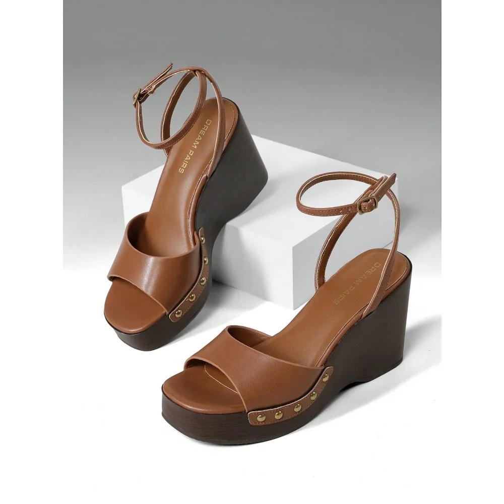 

Women's Wedge Sandals 3.94inch Platform Square-Toe Dressy Ankle Buckle Studded Fashion Elegant Sandals Summer White Shoes