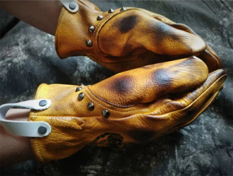 Handmade Genuine Leather Motorcycle Gloves Retro Motocross Vintage Riding Biker Moto Gloves Motorbike Full Finger Gloves