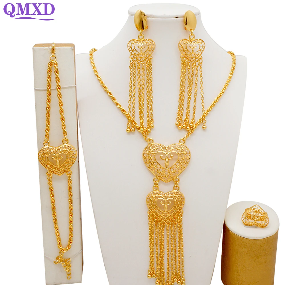 

Luxury Indian Jewelry Gold Color Heart Shape Necklace Set Bridal Long Necklace Earrings Set Wedding Ethiopian Dubai Jewelry Gift