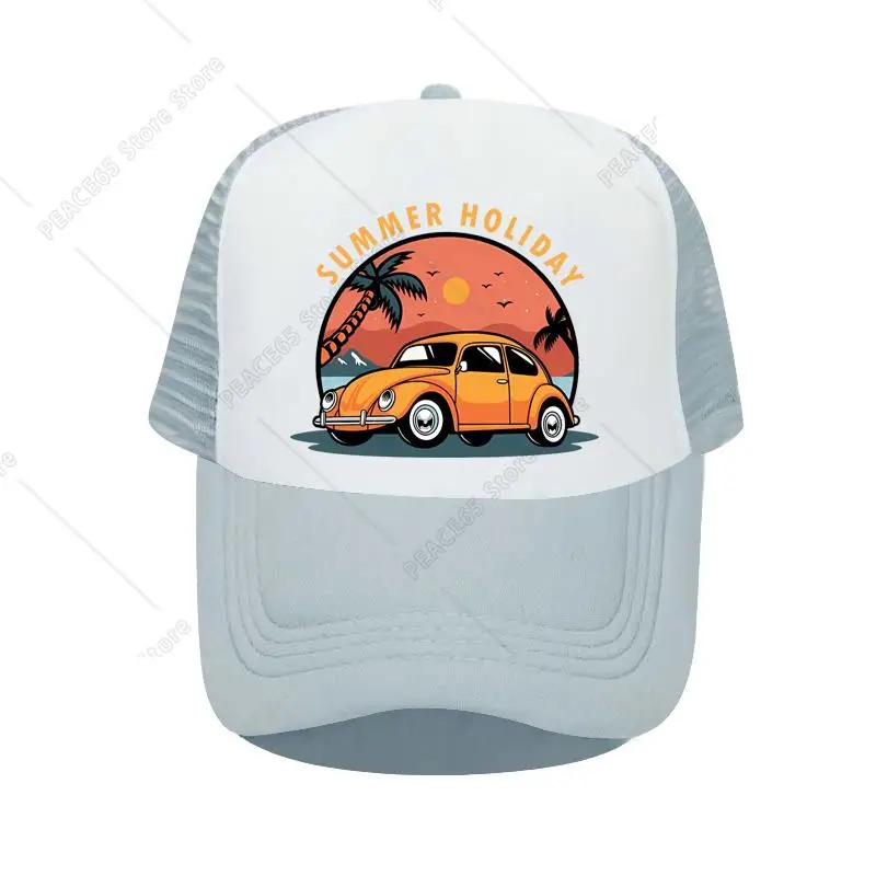 

Summer Holiday Leisure Sunset Snapback Cap Driving Car Along The Coast Trucker Hats Sea Gull Mew Coconut Tree Baseball Hat