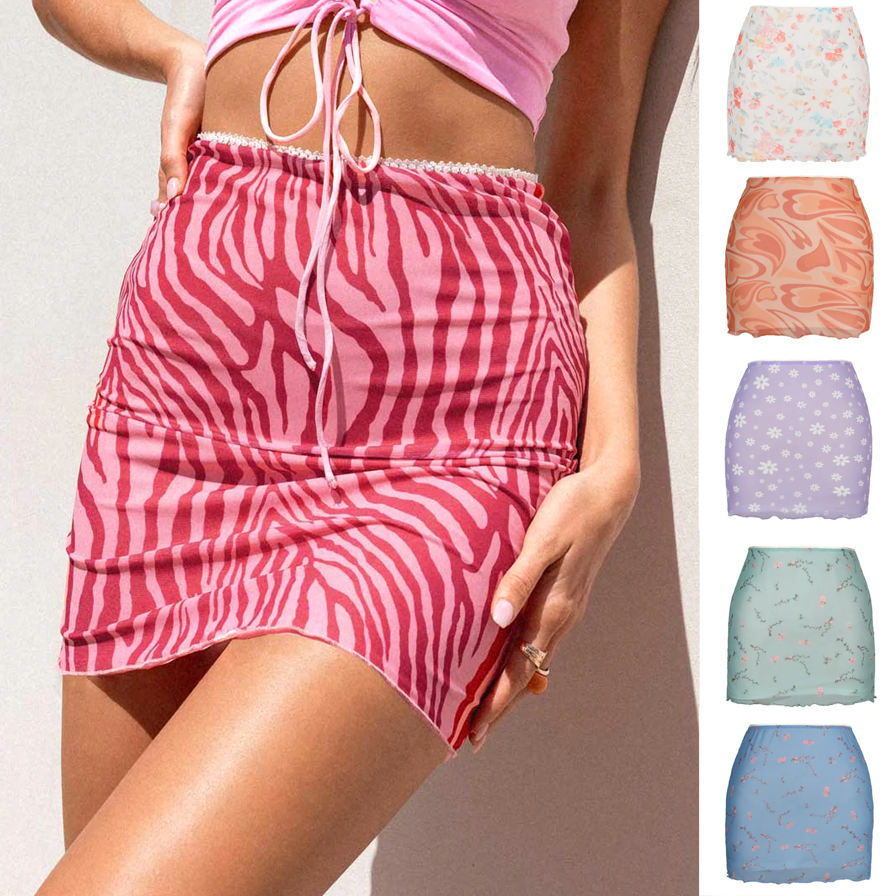 Spring Summer 2023 High Waist Printed Mesh Skirt Women's Fashion Half-length Double Layer Slim Fit Butt-hugging Cross-border ...