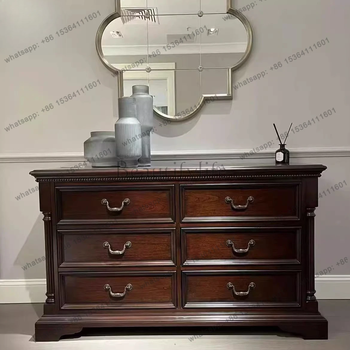 American vintage Roman columns, chest of drawers, solid wood storage, living room, nine-chest of drawers, entrance table