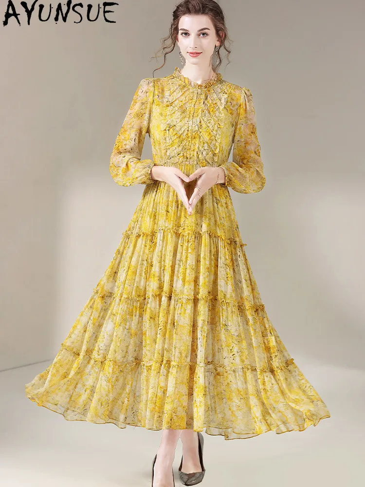 AYUNSUE High-end 100% Real Mulberry Silk Elegant Dresses for Women Summer Clothes Long Dress Woman Beach Dress Платье Женское