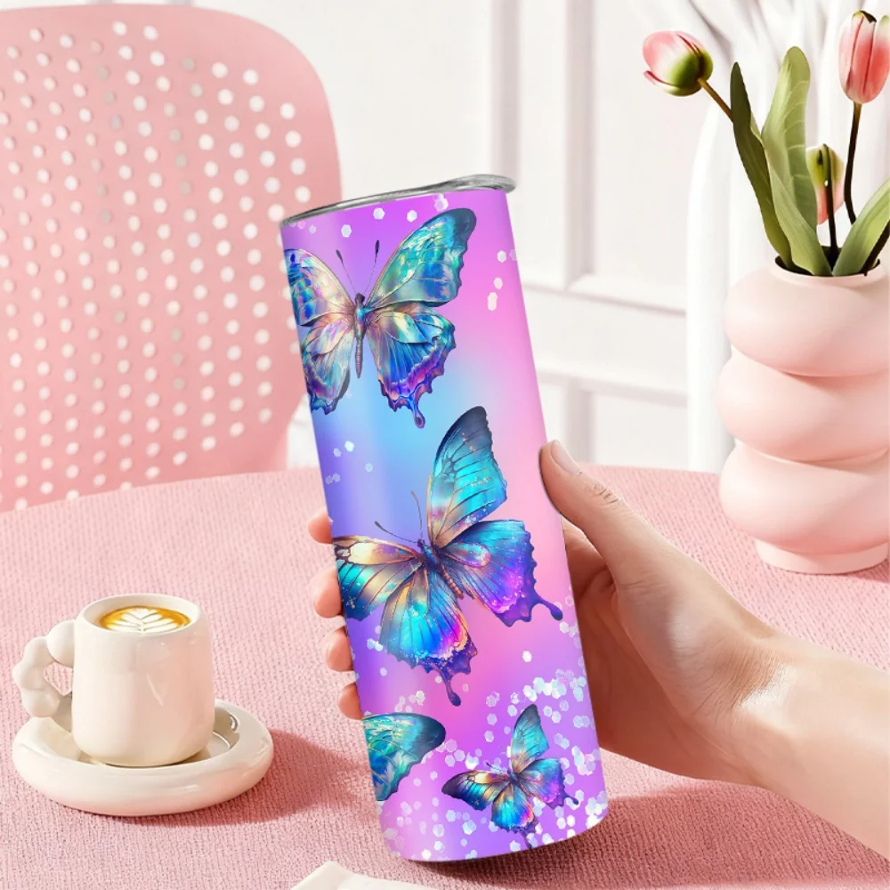 1pc 20oz straw water bottle, insulated stainless steel water cup with colorful butterflies fluttering on a dreamy background.