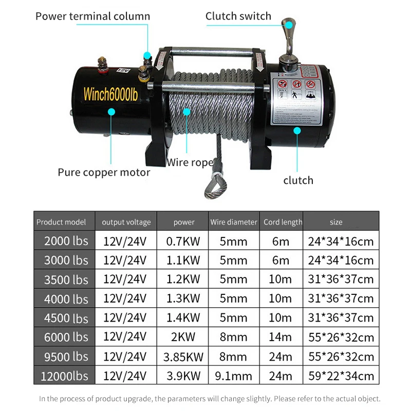 Electric Winch SUV Self-Rescue Car, Small Crane, 2000-6000LBS, High Power, 12V, 24V